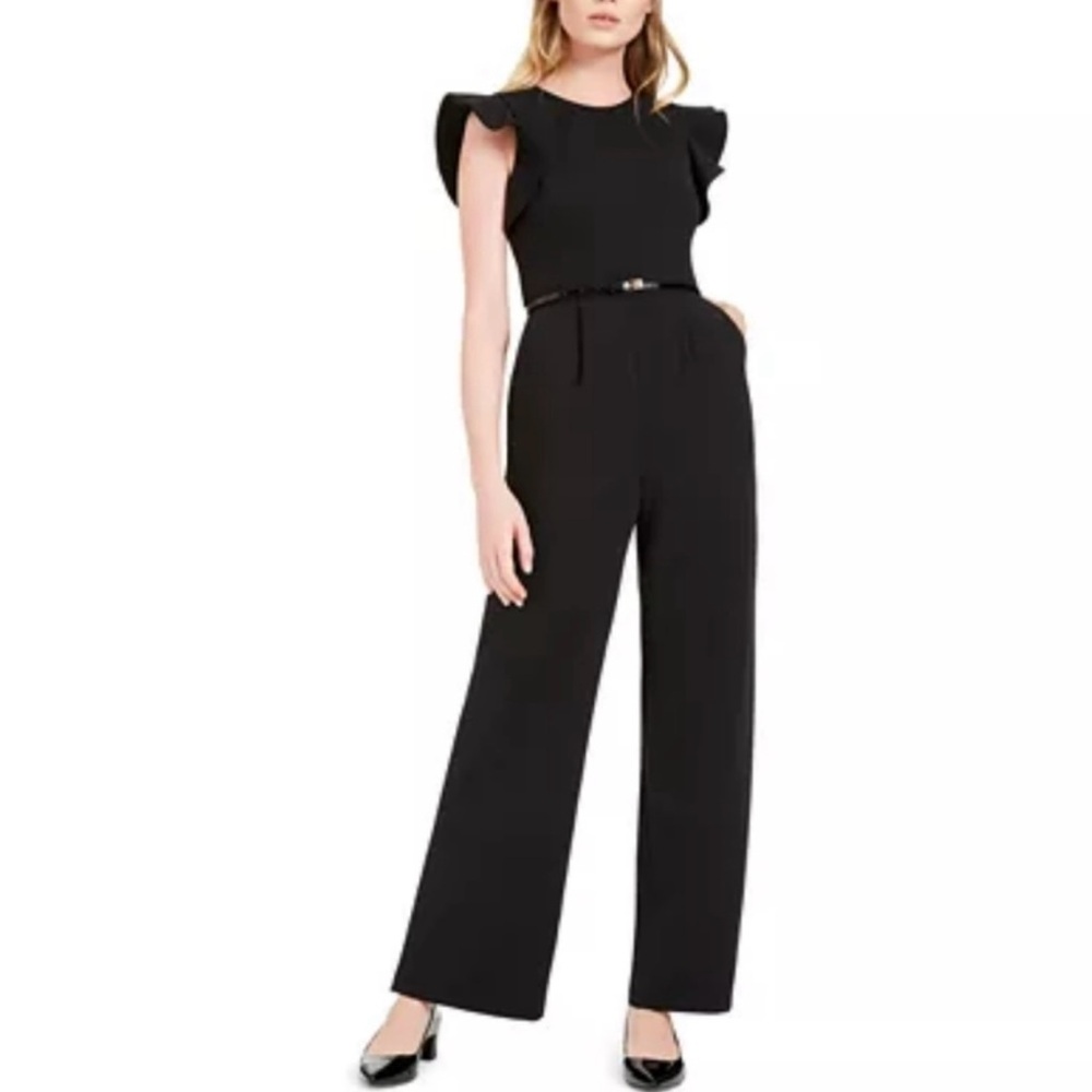 Calvin Klein Black Ruffled Flutter Sleeves Crewneck Belted Wide-Leg Jumpsuits, 4
